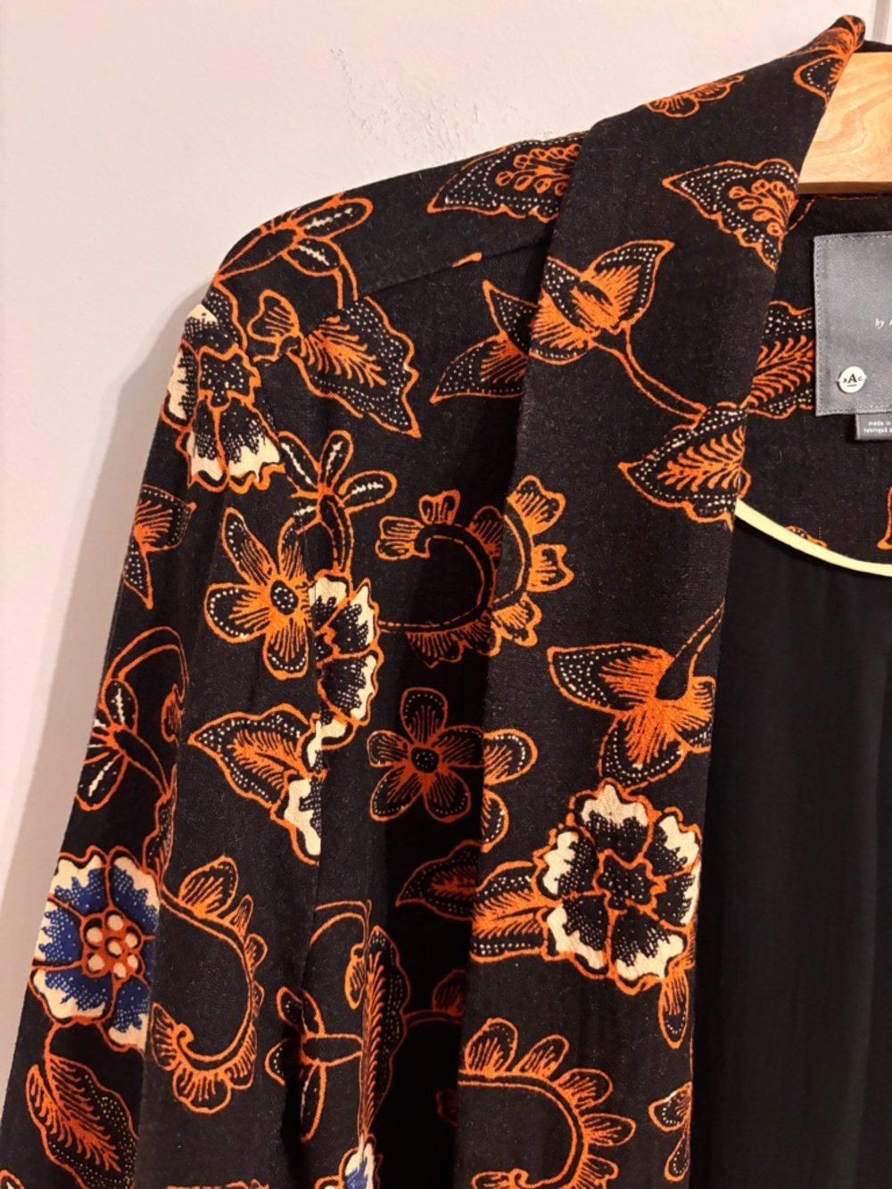 Anthropologie Black Floral Duster Coat with Orange & Blue Accents - Picture 6 of 13